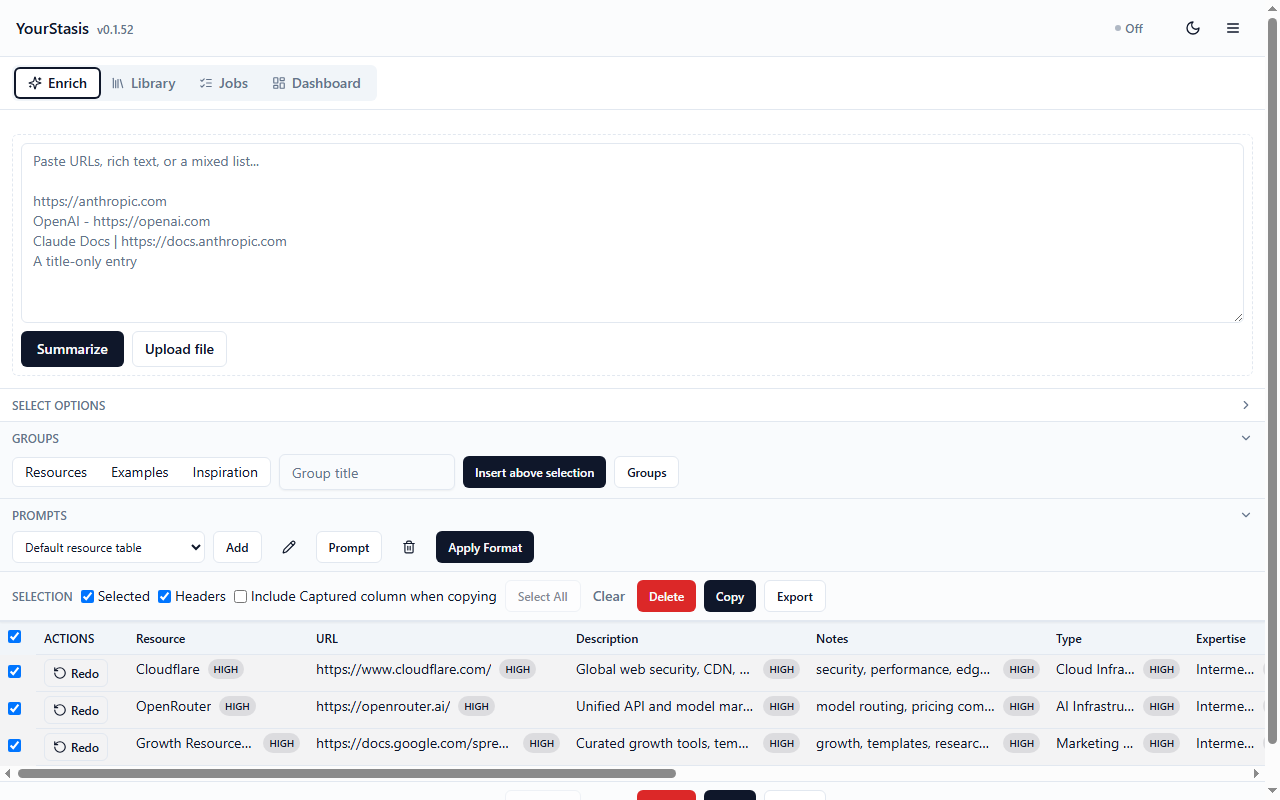 The YourStasis Enrich view showing editable rows and Prompt controls