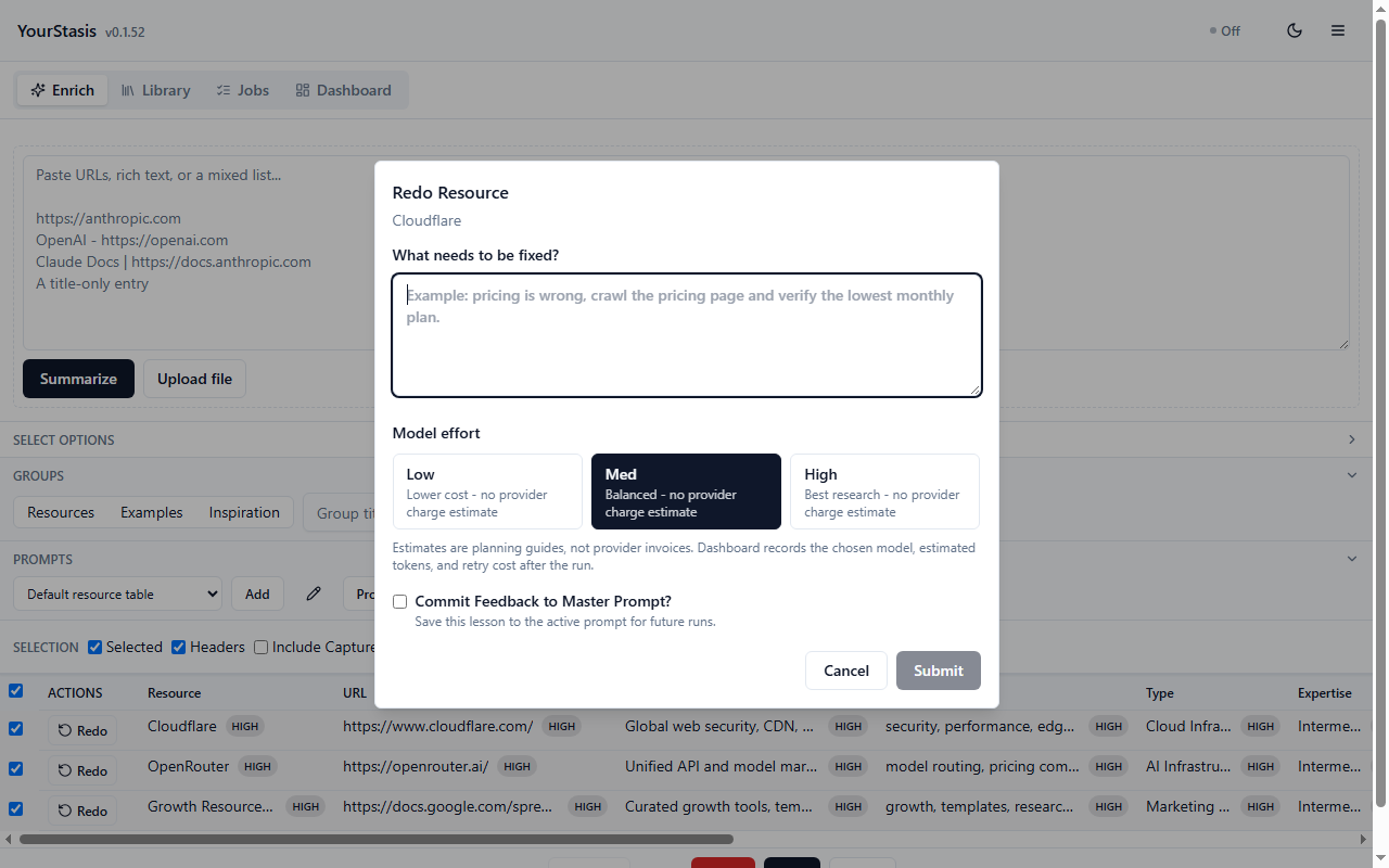 Redo dialog with feedback and model-effort options