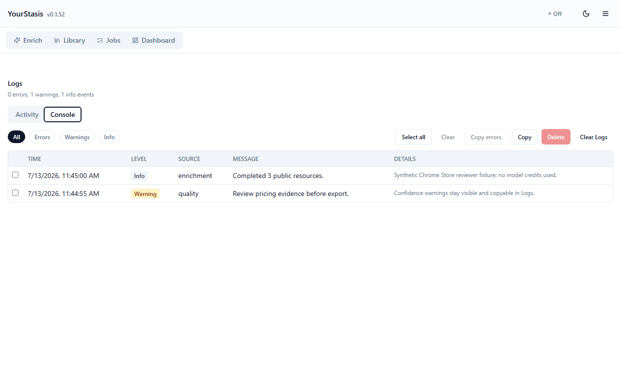 YourStasis Logs view with copy controls