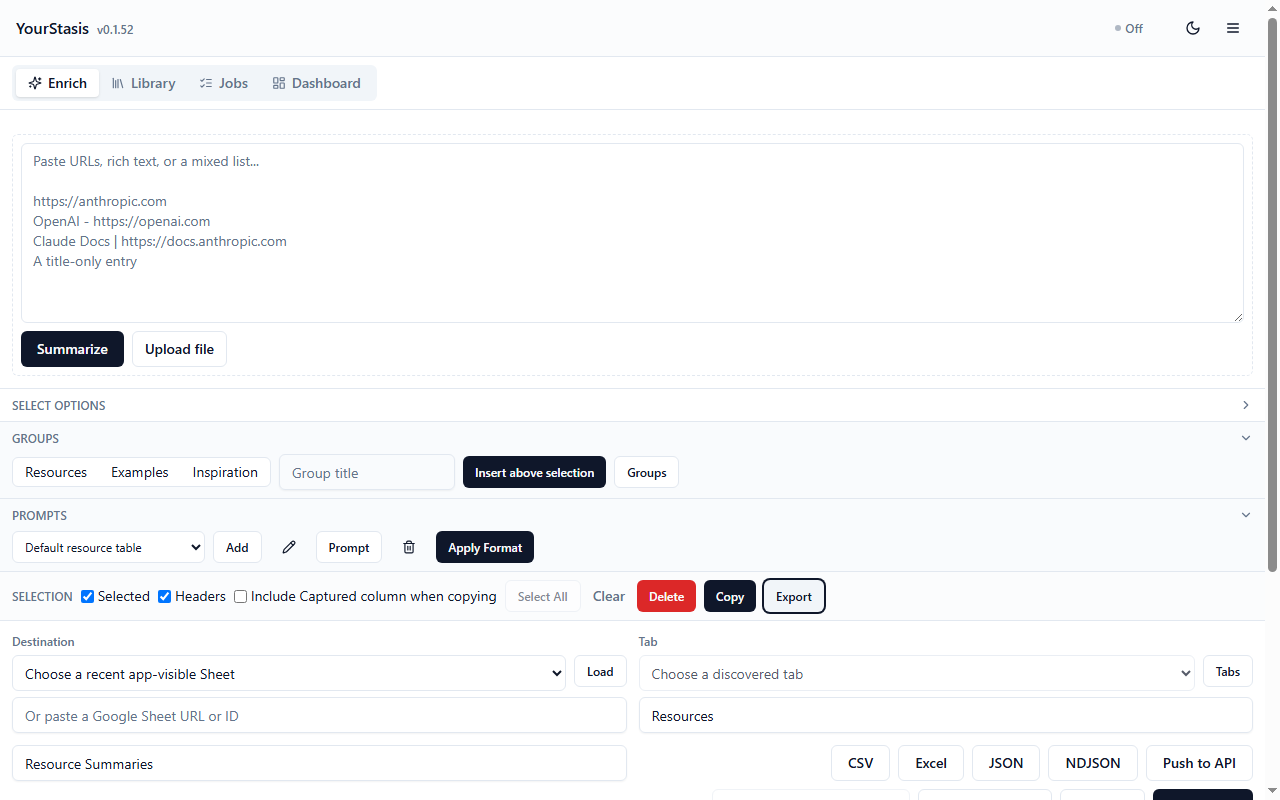 Export destinations for files, API, account, Google Sheets, and Google Docs